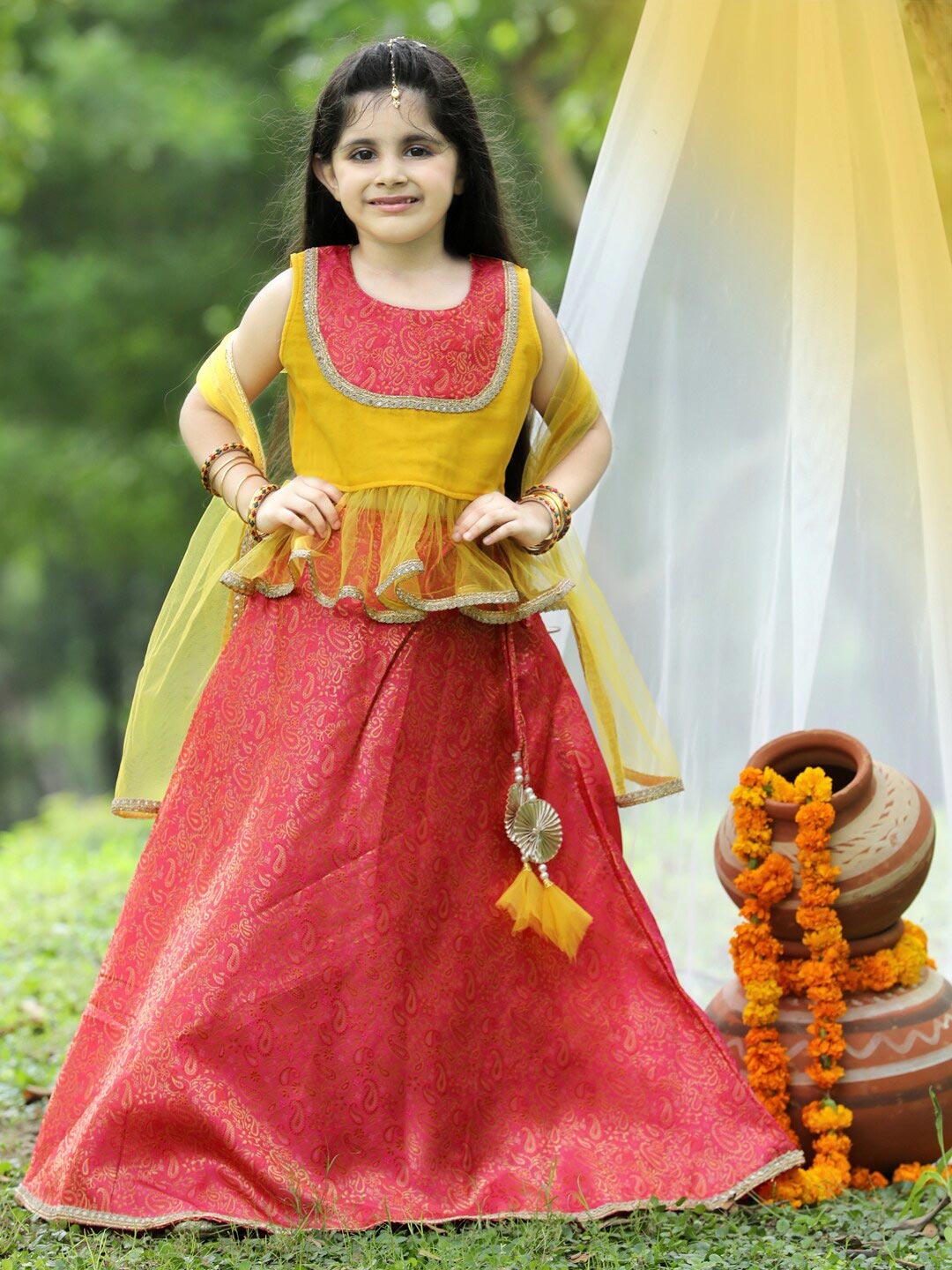 

Cutiekins Girls Yellow & Pink Ready to Wear Lehenga & Blouse With Dupatta