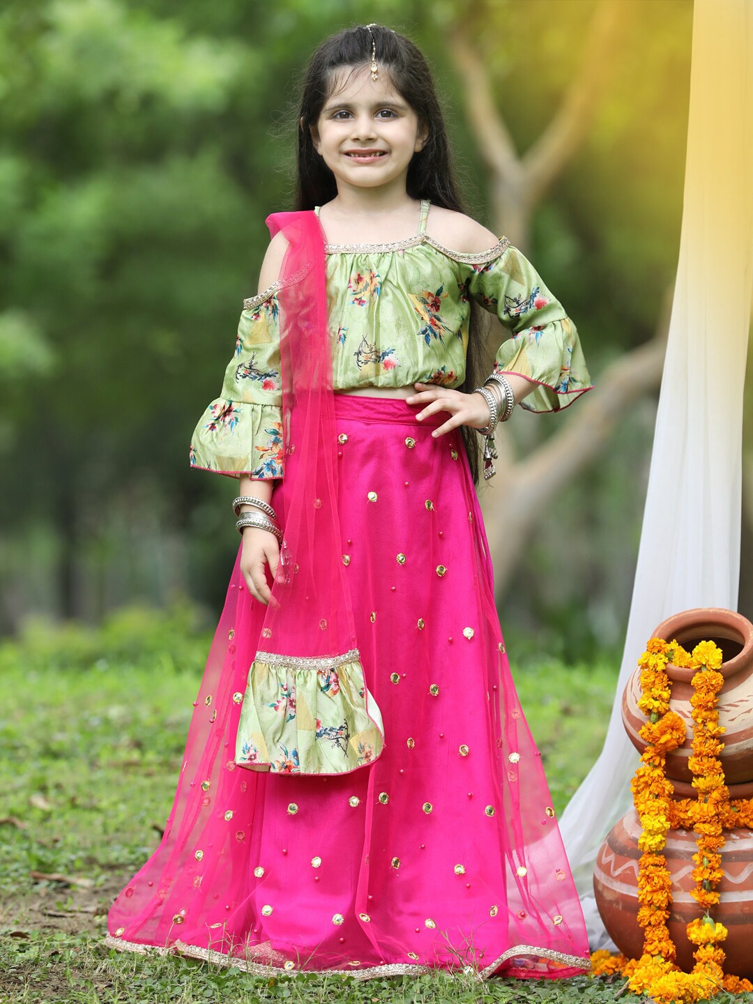 

Cutiekins Girls Green & Pink Mirror Work Ready to Wear Lehenga & Blouse With Dupatta