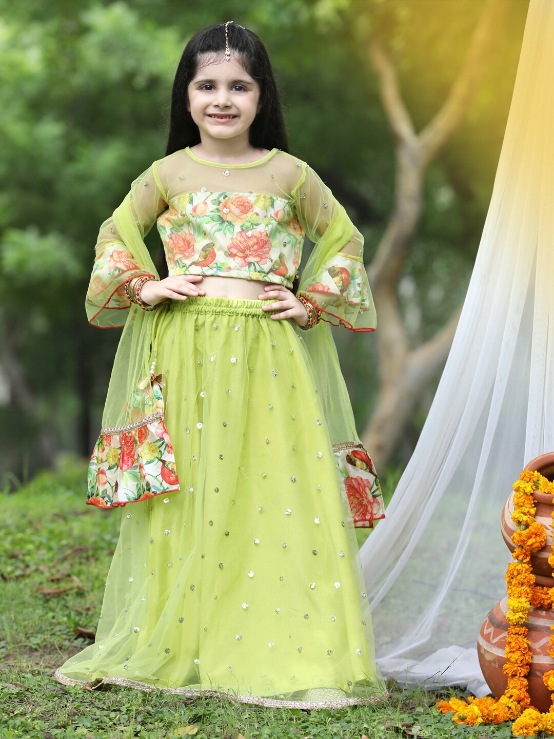 

Cutiekins Girls Lime Green & Red Printed Ready to Wear Lehenga & Blouse With Dupatta