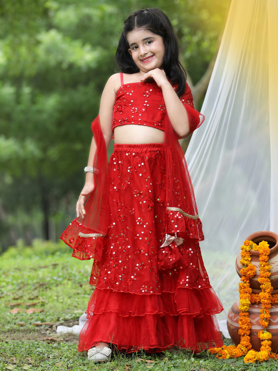 

Cutiekins Girls Red & Gold-Toned Sequinned Ready to Wear Lehenga & Blouse With Dupatta