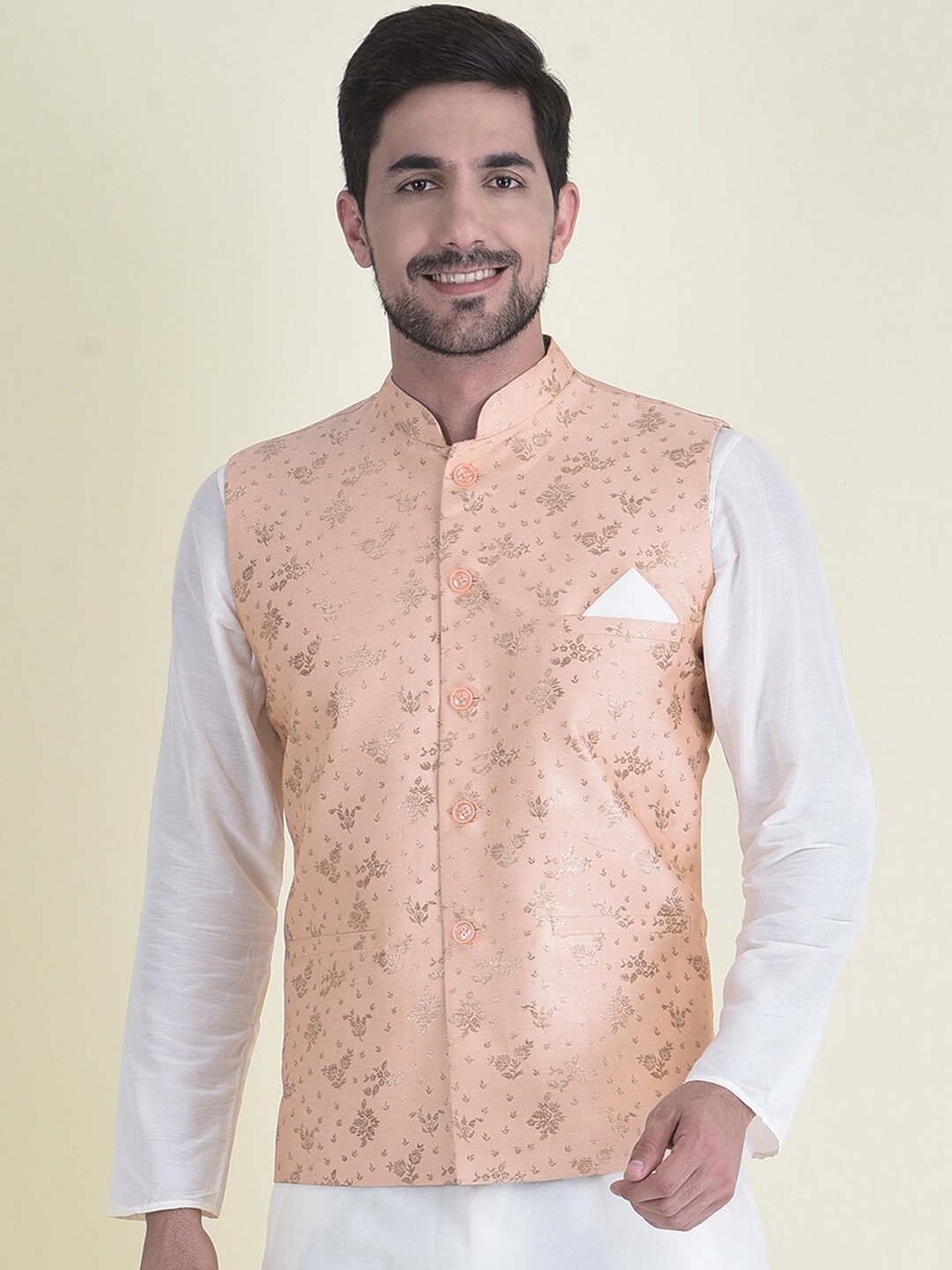 

DEYANN Men Peach-Coloured Floral Layered Nehru Jacket With Kurta, Trouser Set