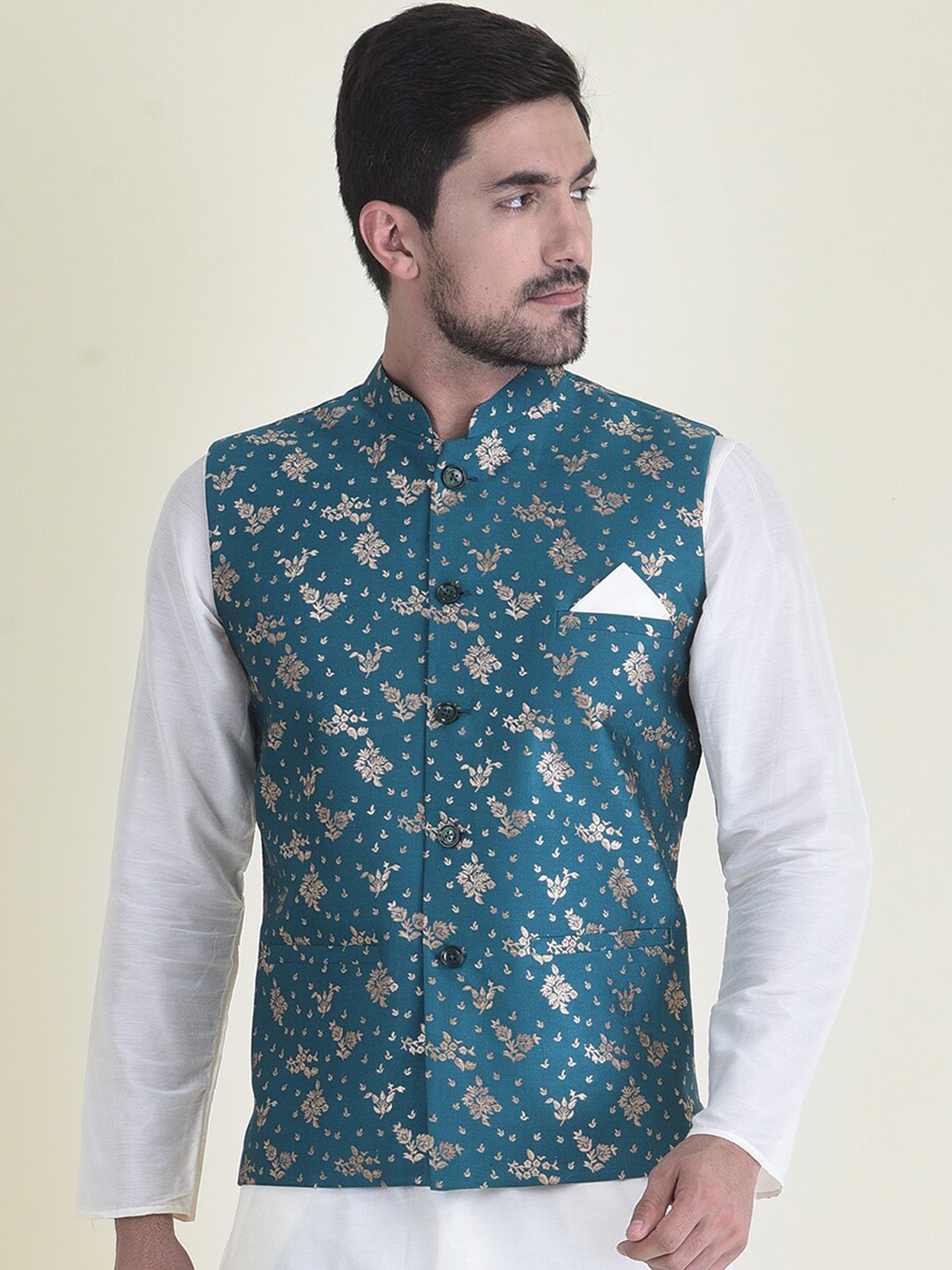 

DEYANN Men Blue and White Nehru Jacket With Kurta, Trouser Set