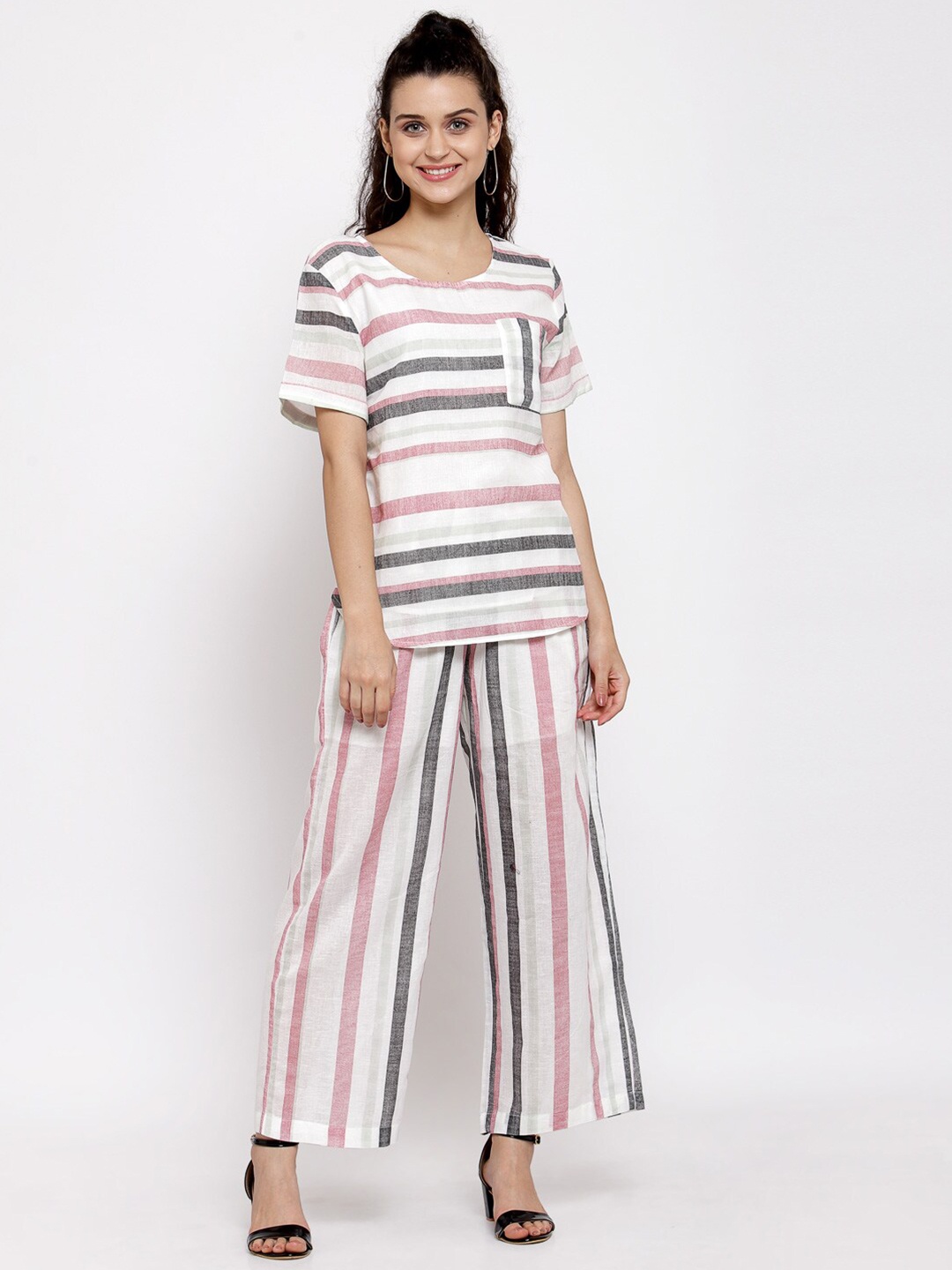 

KLOTTHE Women White & Grey Striped Linen Top & Trousers