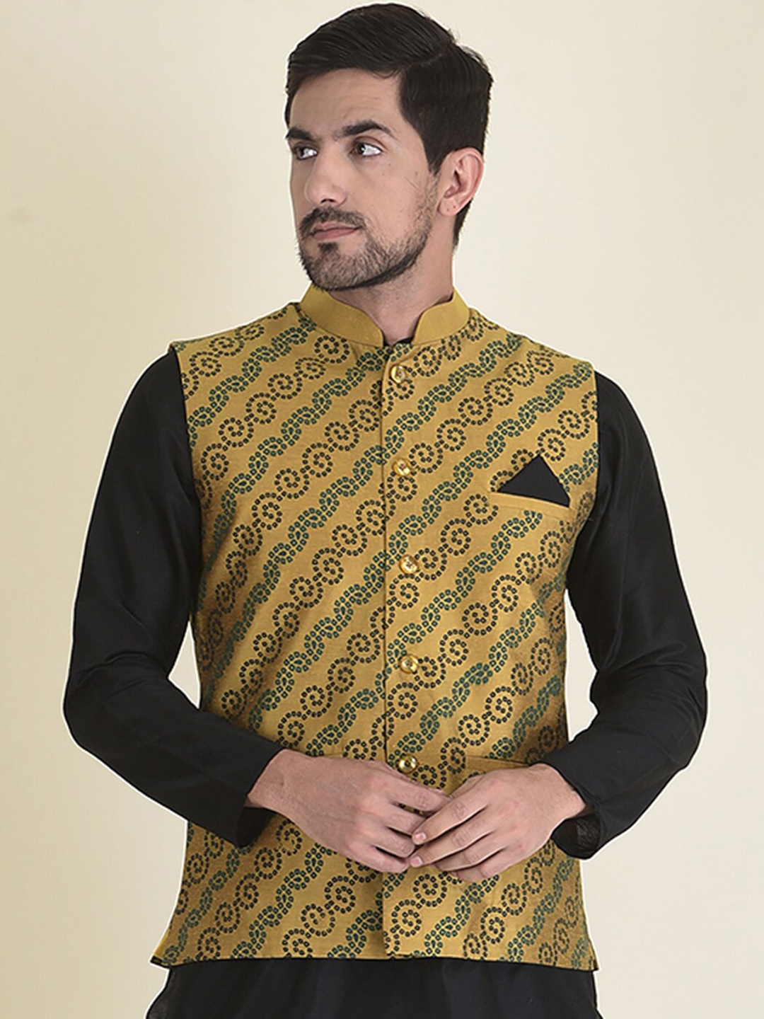 

DEYANN Men Yellow Printed Nehru Jackets