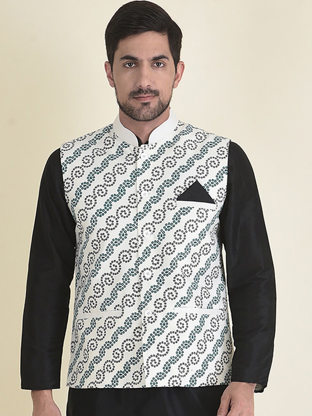 

DEYANN Men Off White Printed Nehru Jacket
