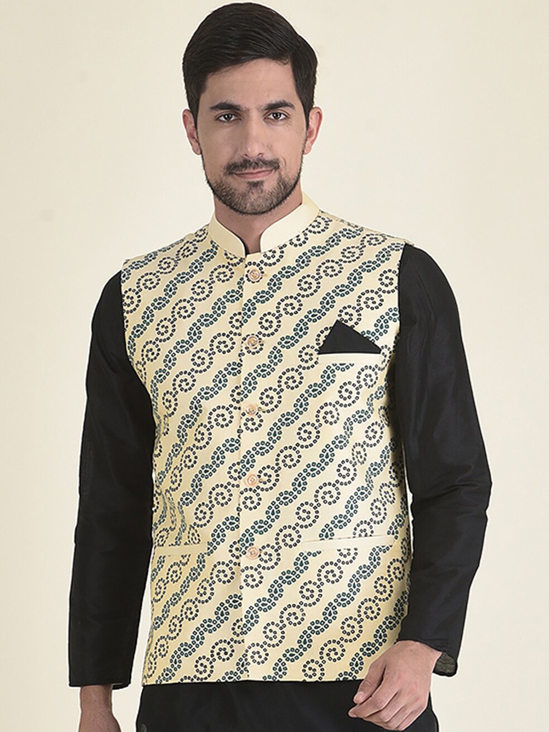 

DEYANN Men Cream Printed Nehru Jacket