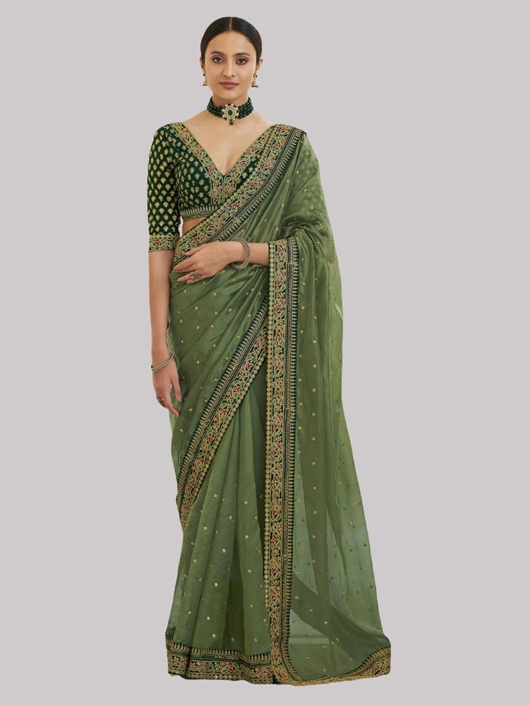 

Fashion Basket Green & Gold-Toned Embellished Embroidered Pure Georgette Saree
