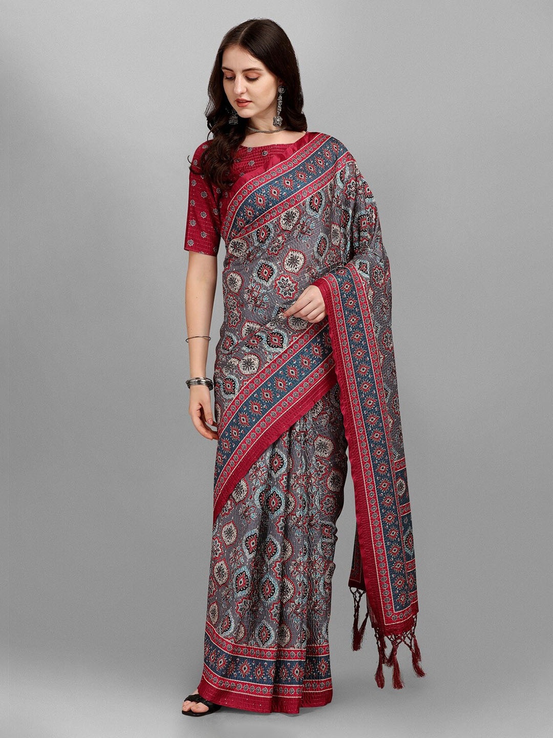 

Fashion Basket Grey & Maroon Ethnic Motifs Silk Blend Saree