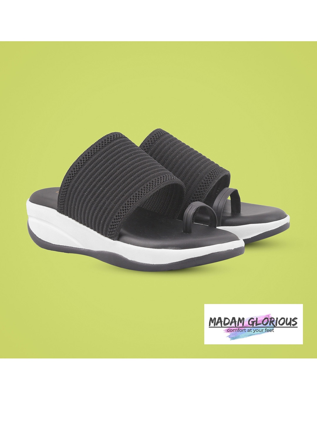 

madam glorious Women Black Textured Comfortable Toe Ring Wedges Sandals