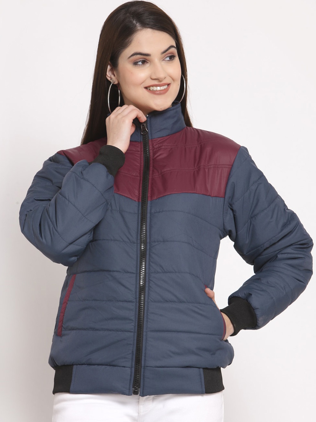 

KLOTTHE Women Blue Maroon Colourblocked Water Resistant Outdoor Padded Jacket