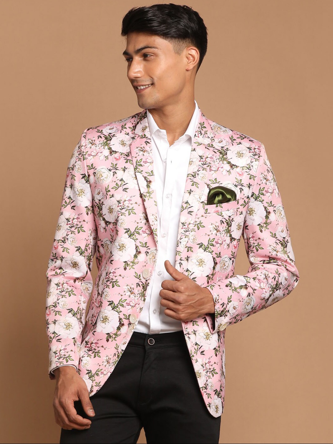 

VASTRAMAY Men Pink Floral Printed Satin Single-Breasted Blazer