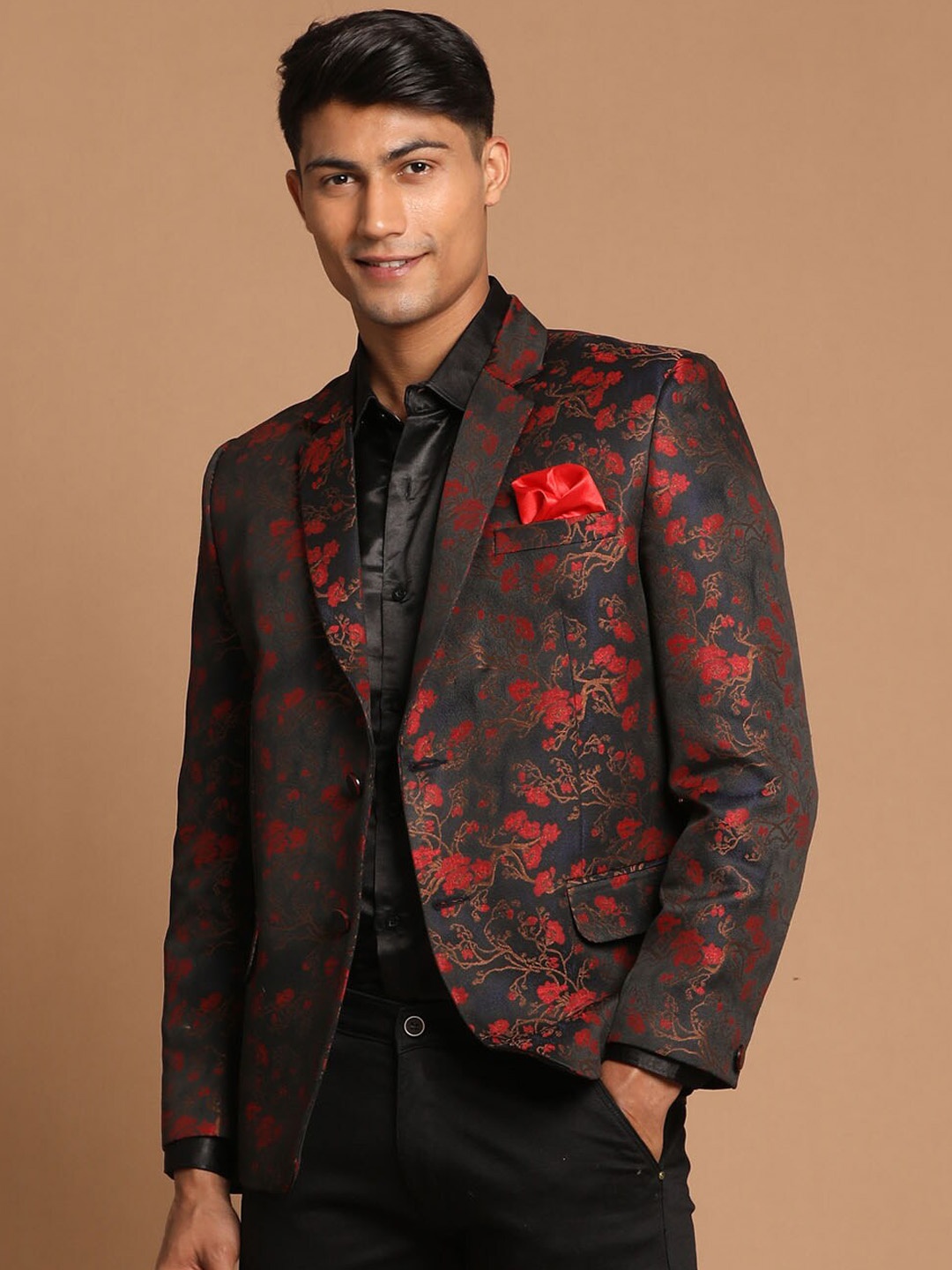 

VASTRAMAY Men Maroon Self-Design Single-Breasted Blazers