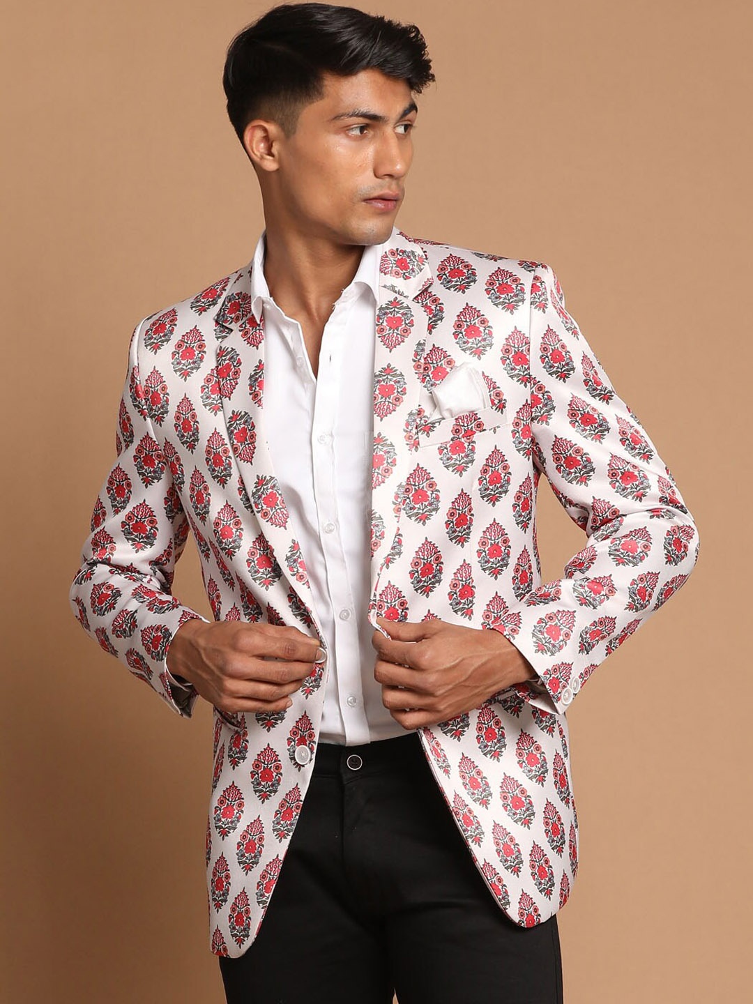 

VASTRAMAY Men Cream & Red Printed Satin Twill Single-Breasted Blazer