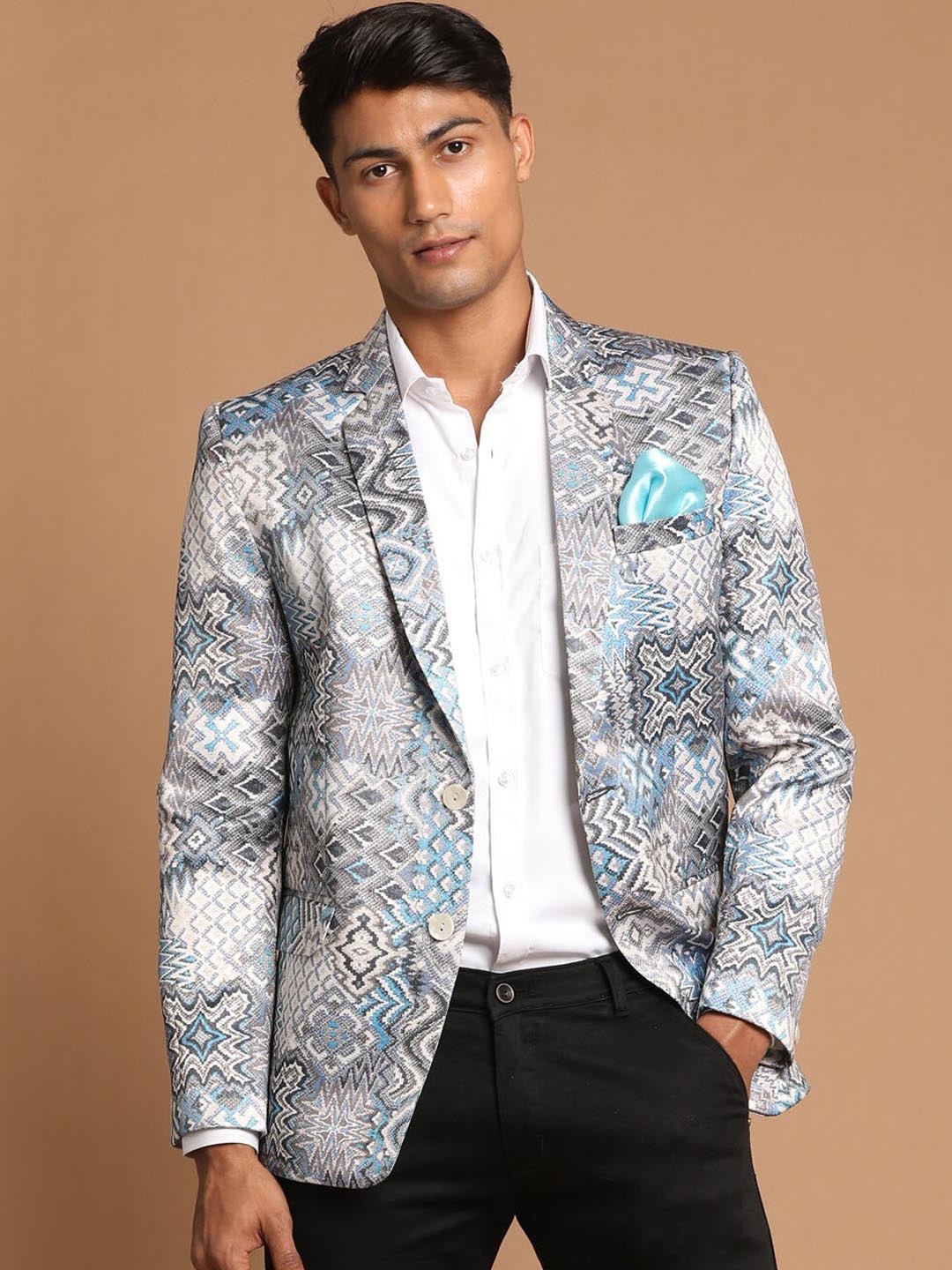 

VASTRAMAY Men Grey Printed Single-Breasted Twill Blazer