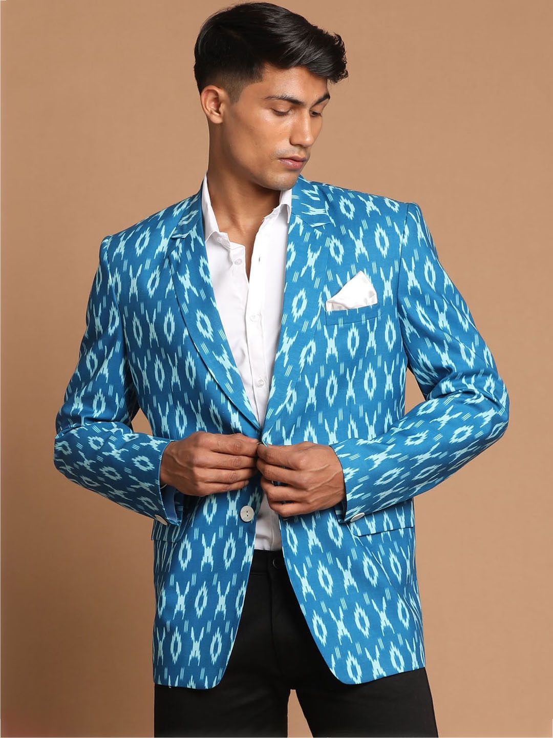 

VASTRAMAY Men Blue Printed Single-Breasted Blazers