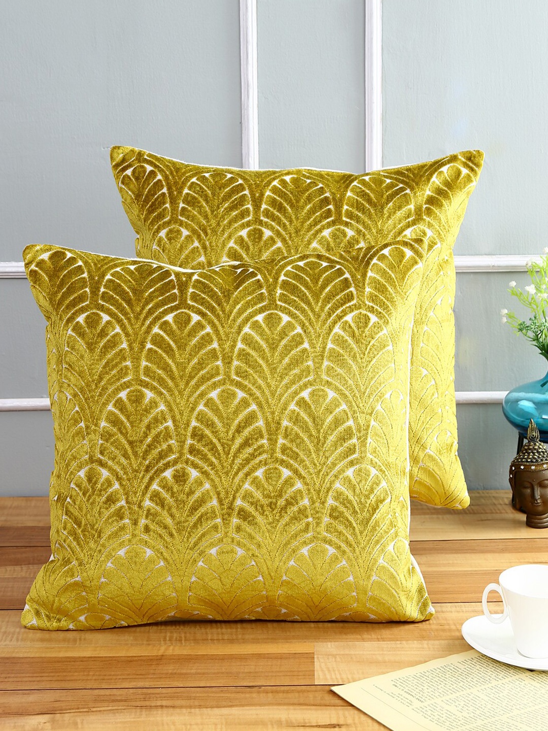 

Just Home Olive Green & White Set of 2 Geometric Square Cushion Covers
