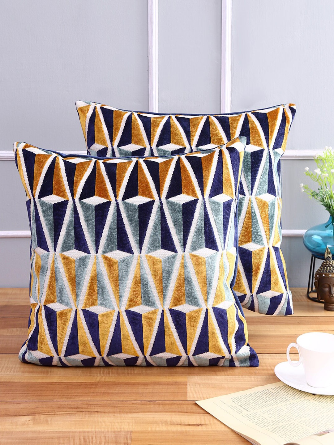 

Just Home Blue & Brown Set of 2 Geometric Square Cushion Covers