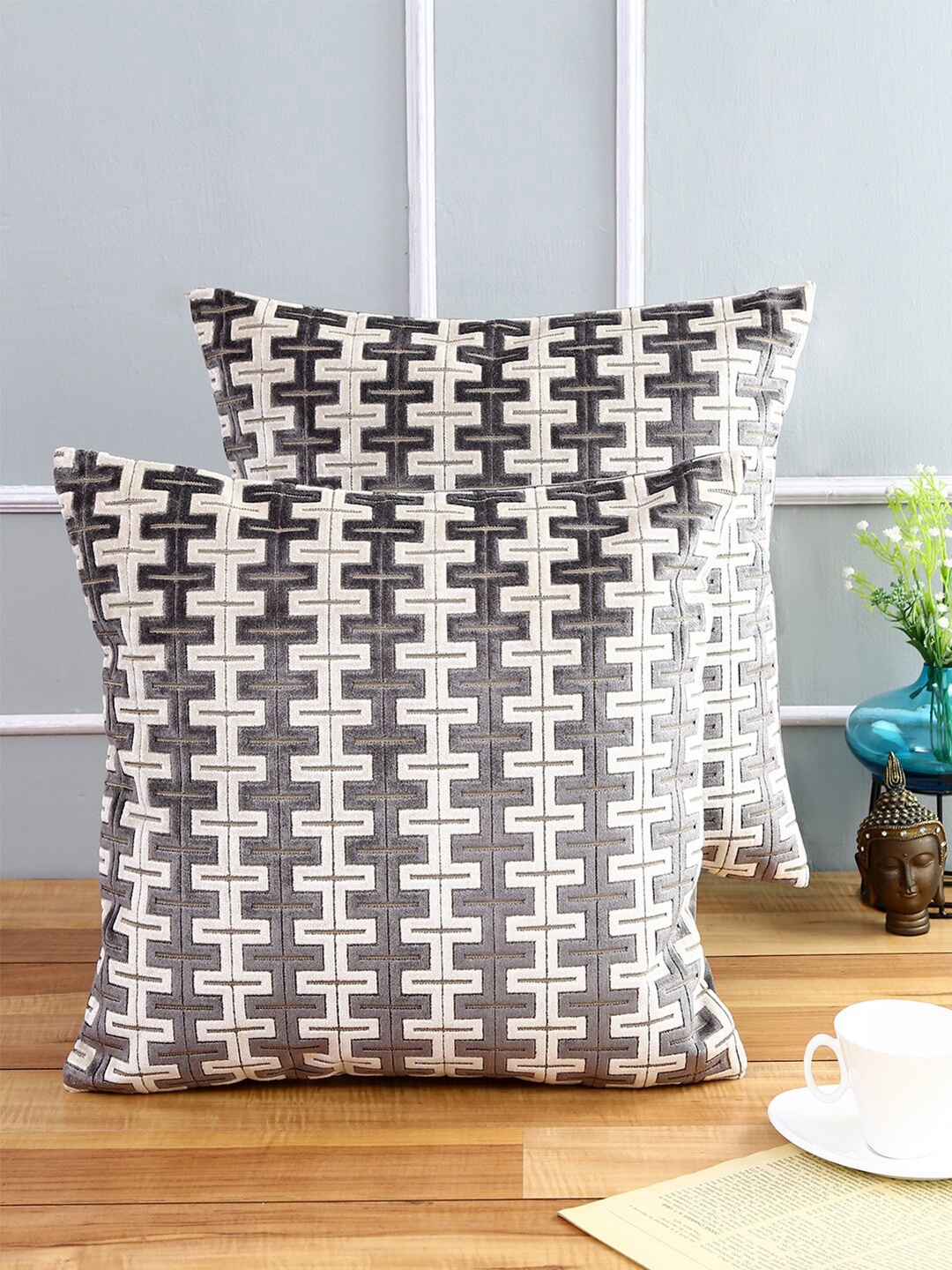 

Just Home Grey & Pink Set of 2 Geometric Square Cushion Covers