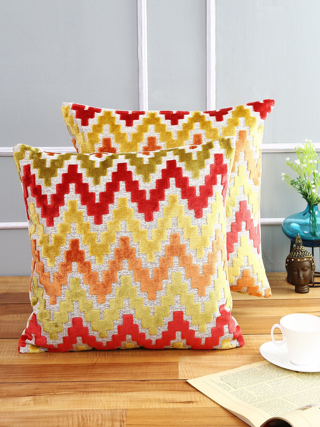 

Just Home Red & Yellow Pack of 2 Geometric Square Cushion Covers