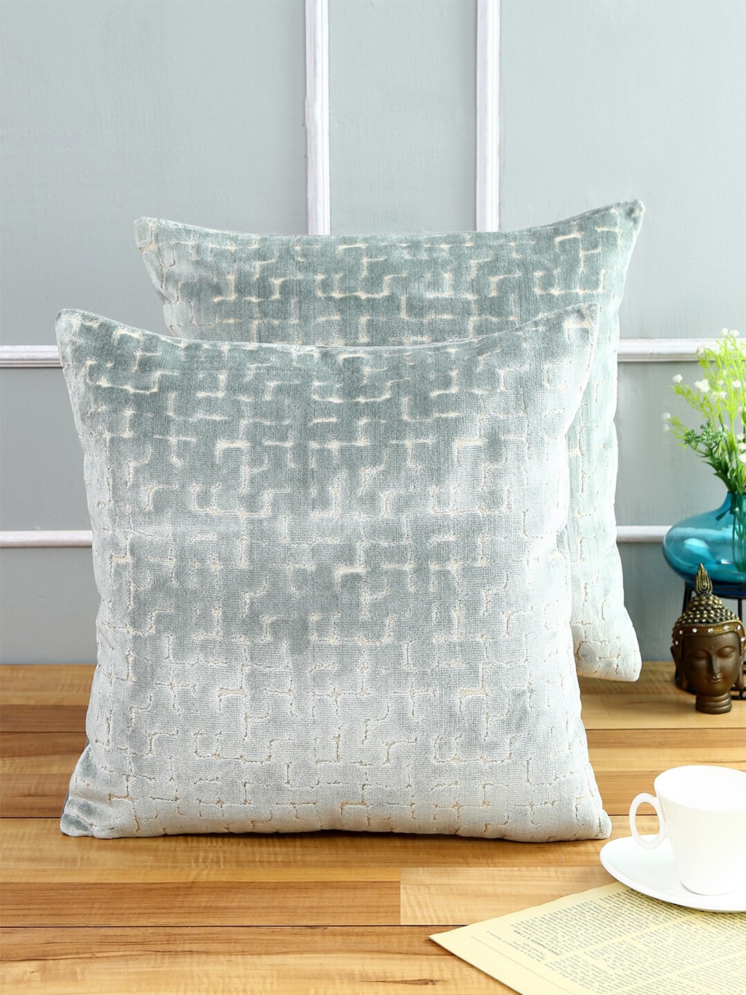 

Just Home Teal Set of 2 Geometric Square Cushion Covers