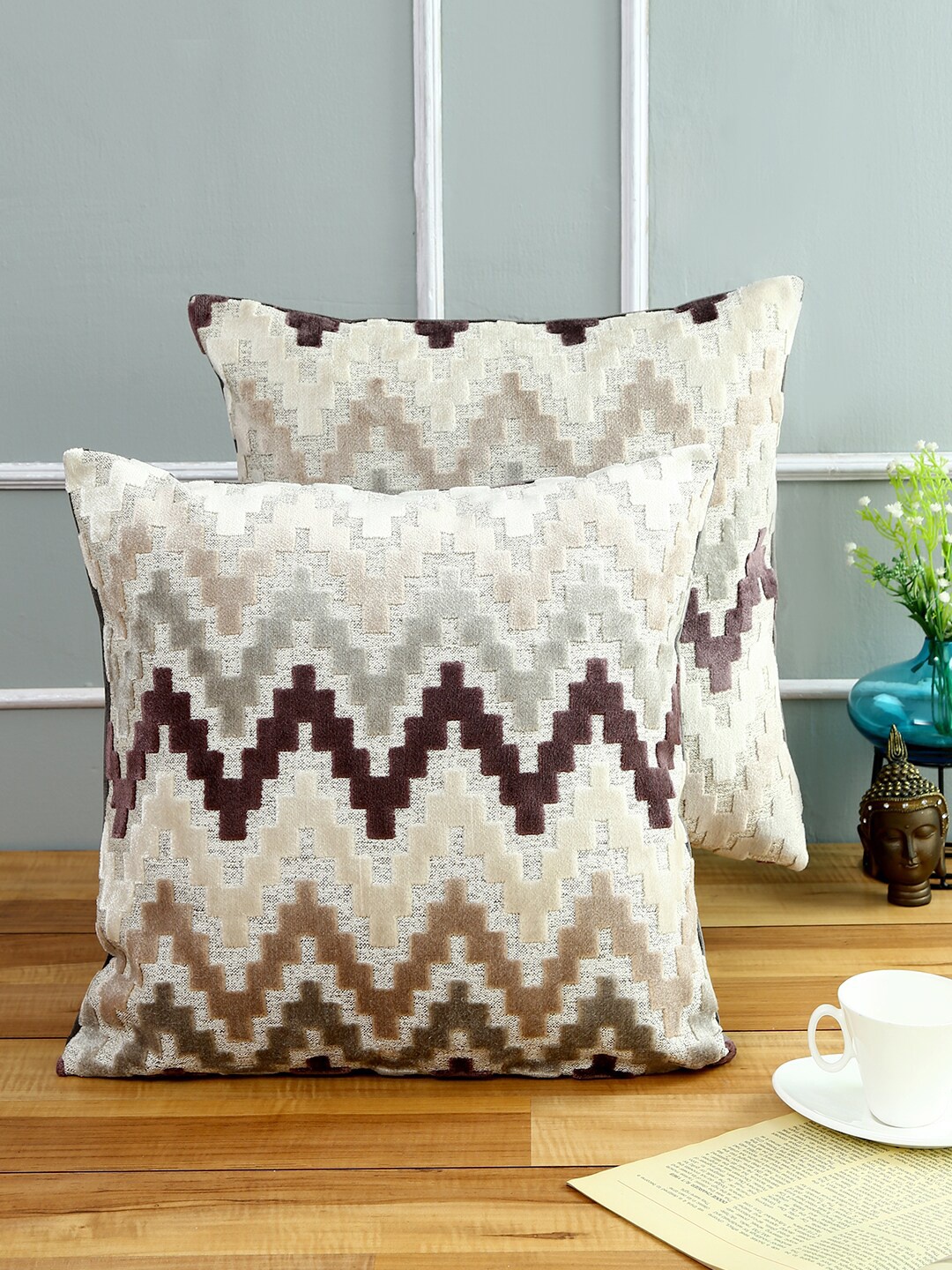 

Just Home Beige & Grey Set of 2 Geometric Square Cushion Covers of 40.64 x 40.64 cm