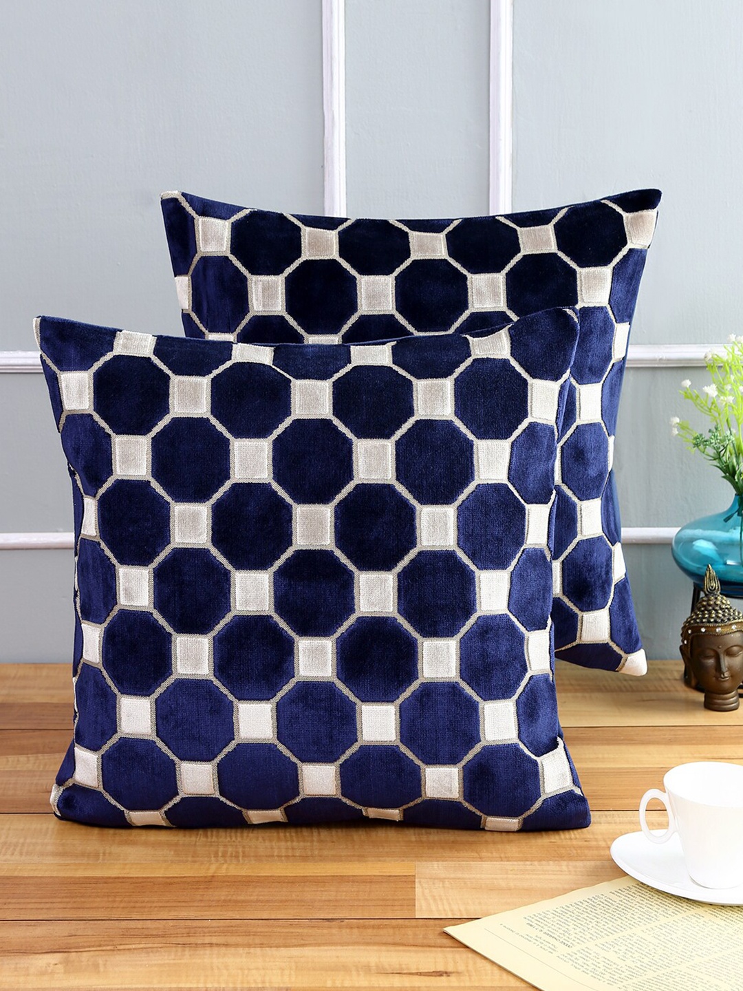 

Just Home Navy Blue Set of 2 Geometric Square Cushion Covers