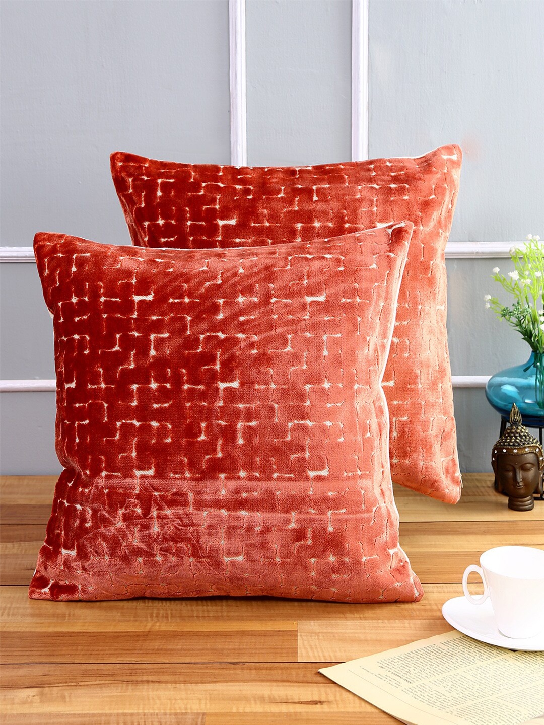 

Just Home Orange Set of 2 Geometric Square Cushion Covers