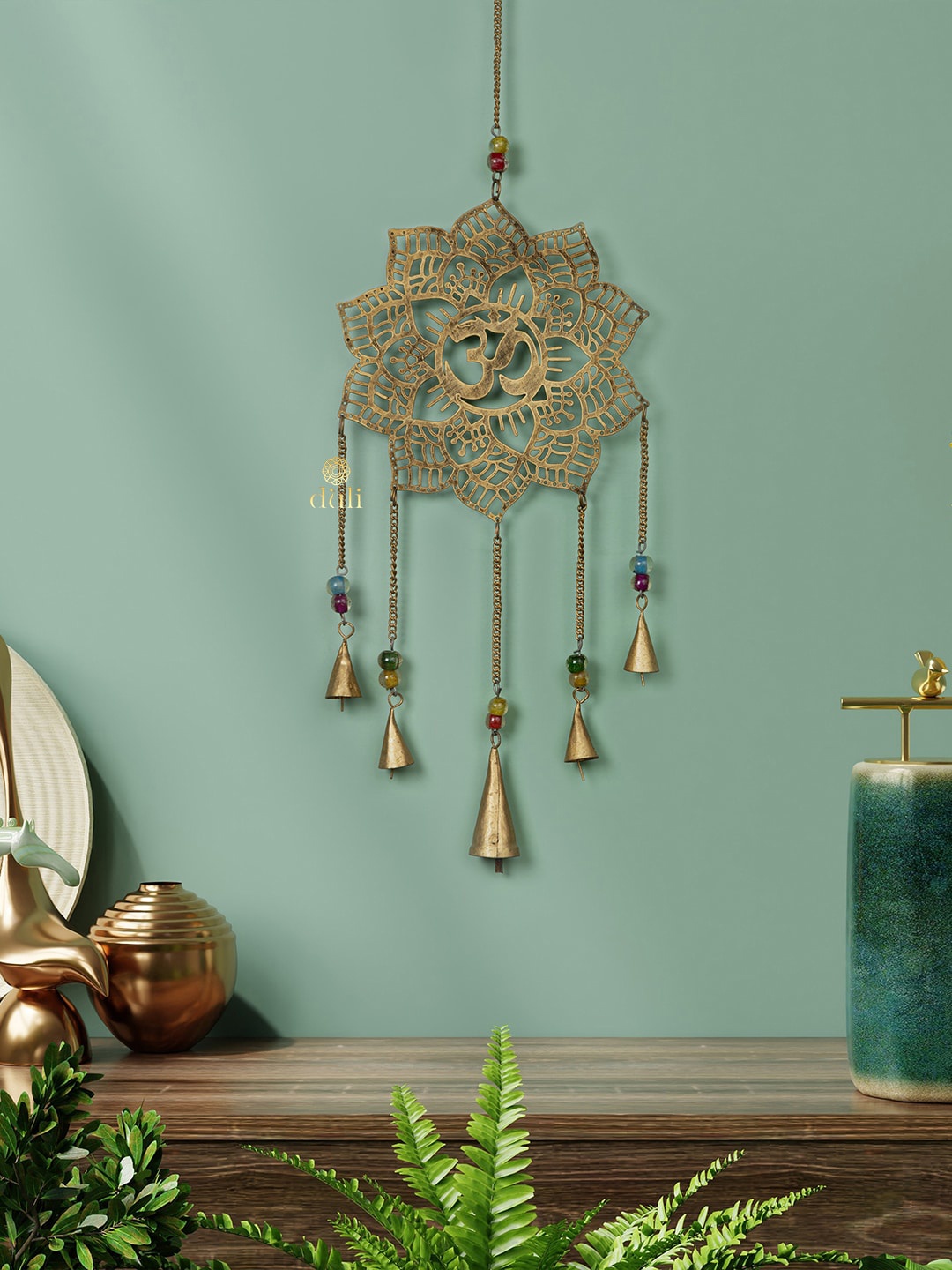 

DULI Gold-Toned Fancy Mandala Om Design Windchime with Hanging Bells