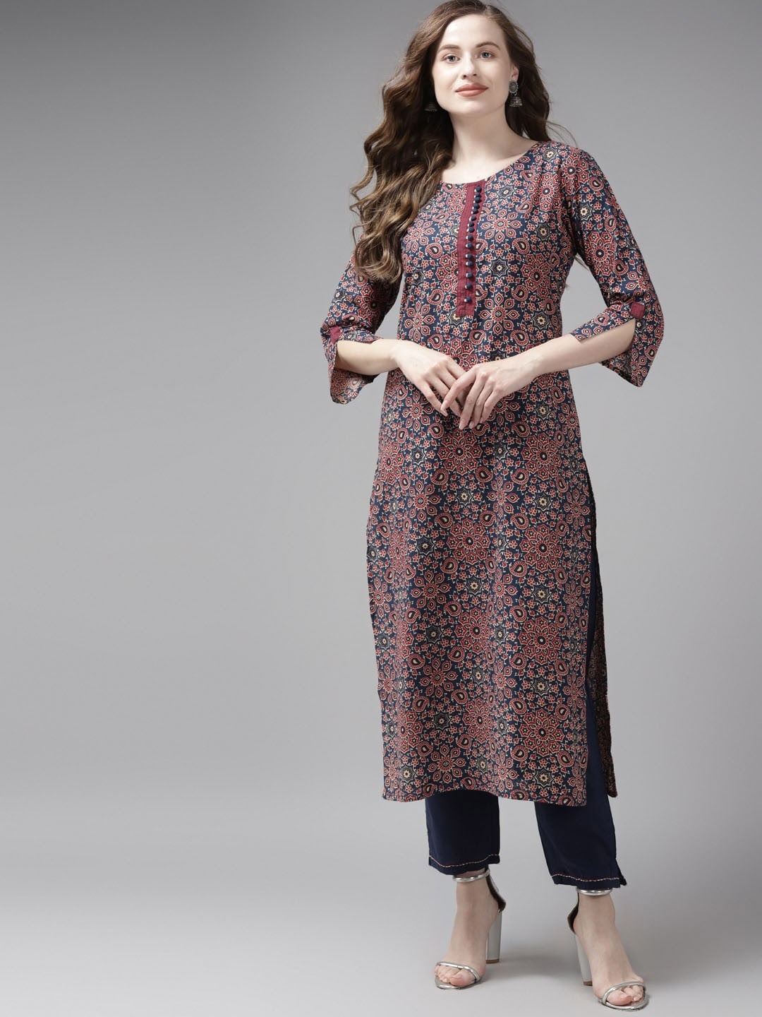 

Yufta Women Blue Ethnic Motifs Printed Pure Cotton Kurta with Trousers