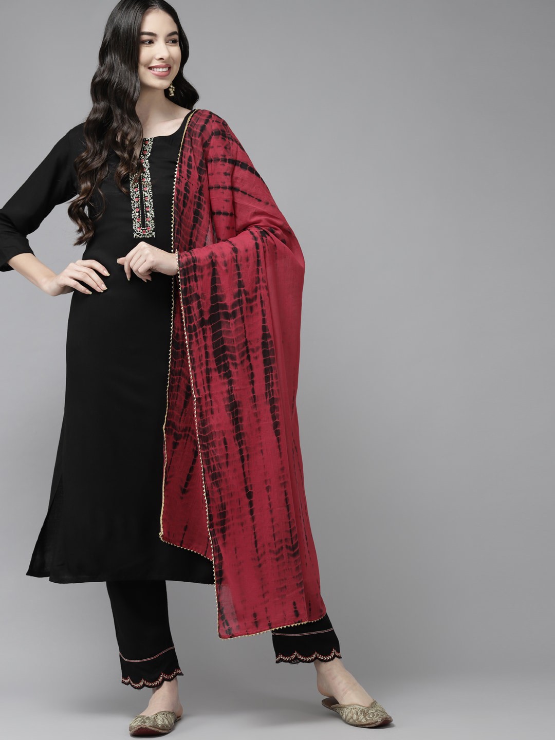 

Yufta Women Black Layered Sequinned Kurta with Palazzos & With Dupatta