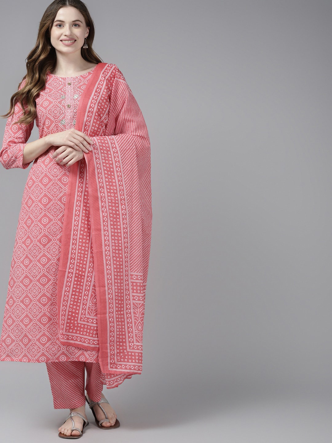 

Yufta Women Pink Ethnic Motifs Printed Pure Cotton Kurta with Trousers & Dupatta