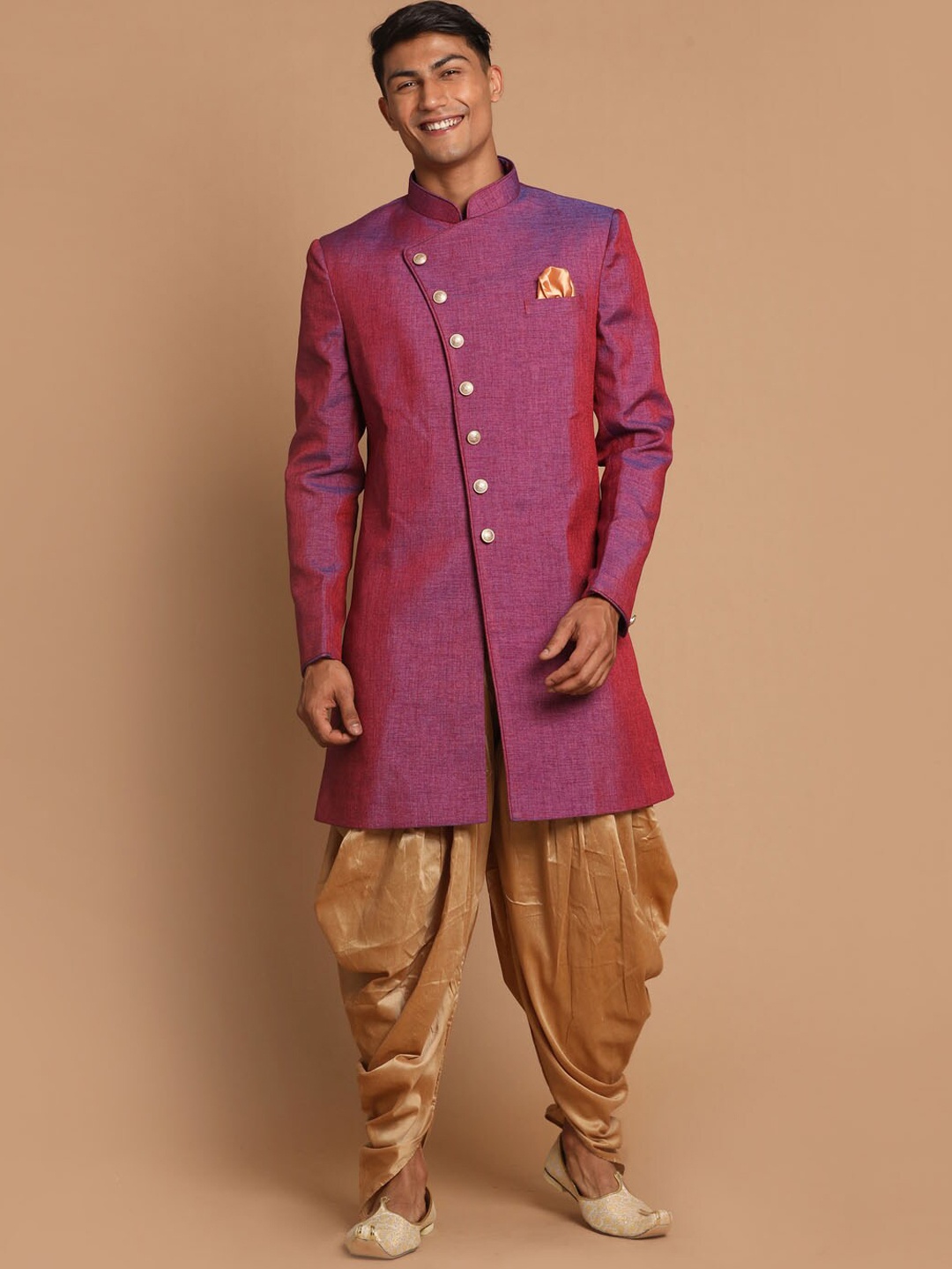 

VASTRAMAY Men Silk Blend Sherwani With Dhoti Pants, Magenta