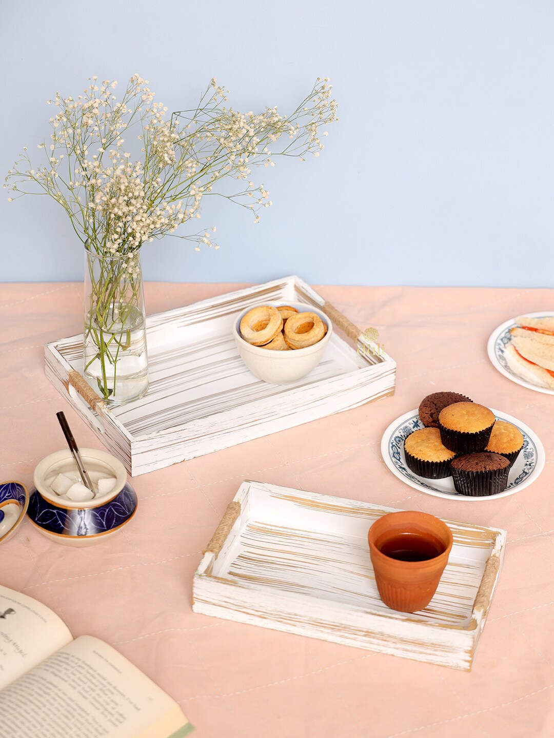 

DULI Set Of 2 White Rectangular Deco Painted Wood Trays
