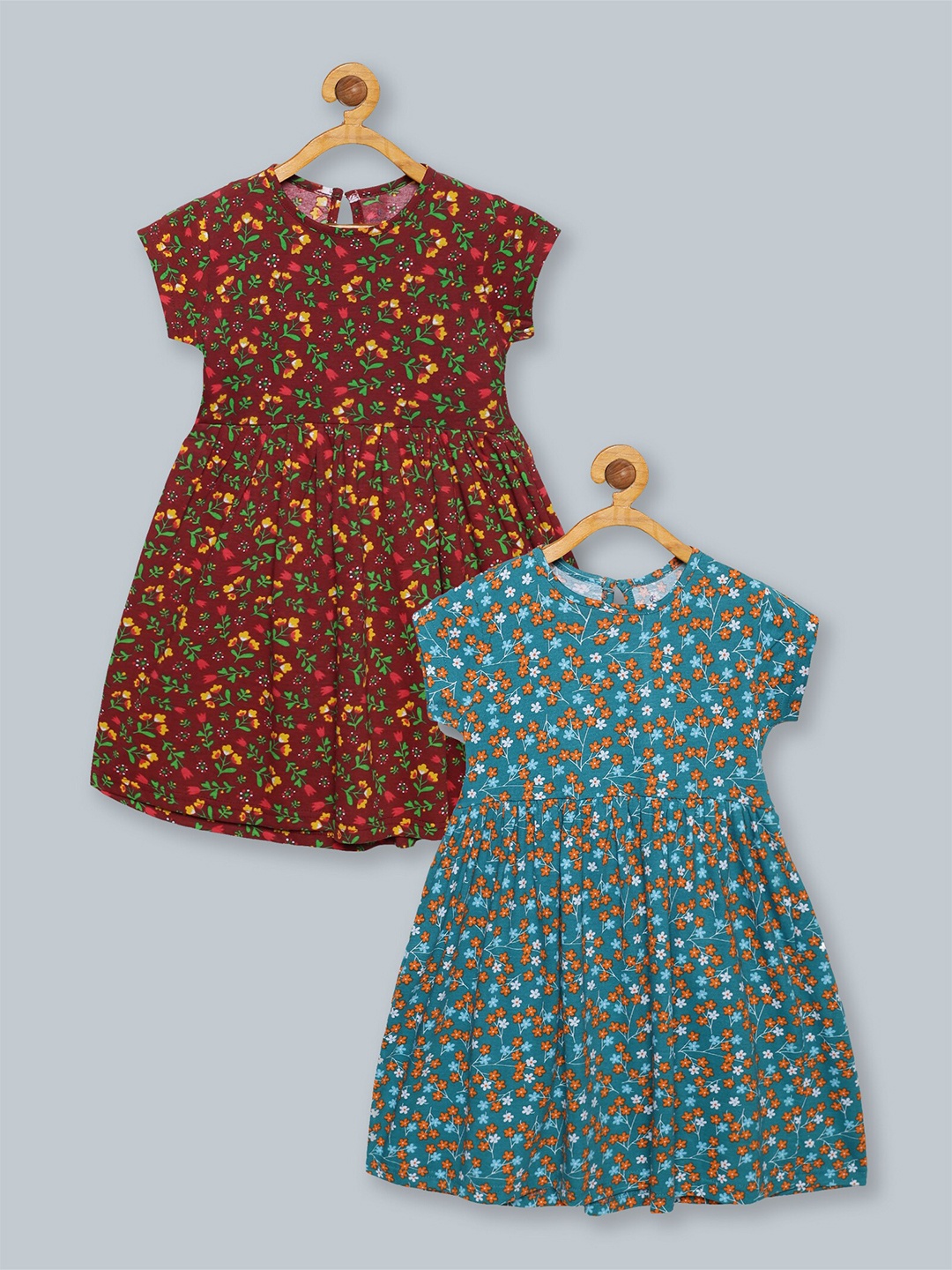 

KiddoPanti Girls Maroon & Teal Blue Floral Cotton Dress