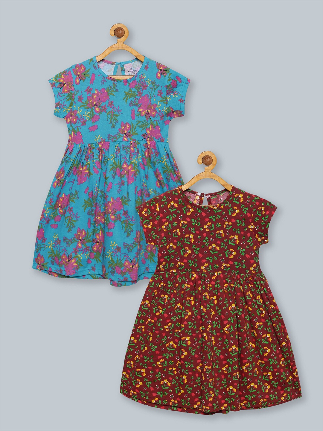 

KiddoPanti Set Of 2 Teal & Maroon Pure Cotton Floral Dress
