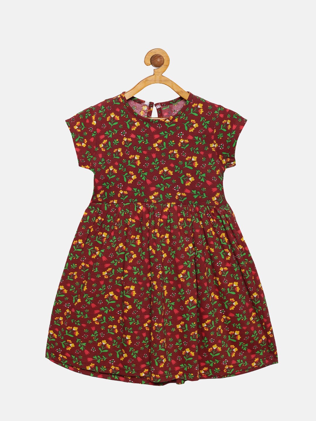 

KiddoPanti Girls Maroon & Yellow Floral Printed Dress