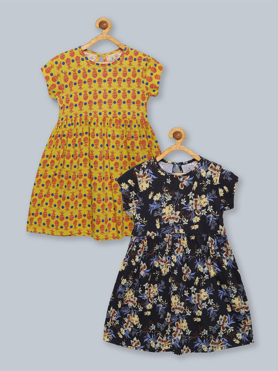 

KiddoPanti Girls Mustard Yellow Floral Dress Pack of 2