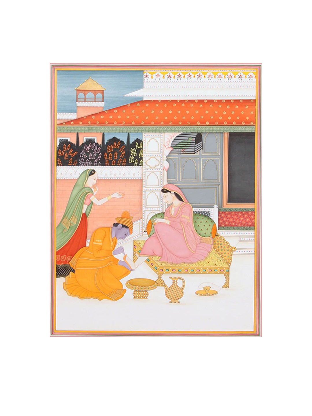 

Exotic India Pink & Red A Prince Painting His Beloveds Feet with Customary Dye Hand Painted Wall Art