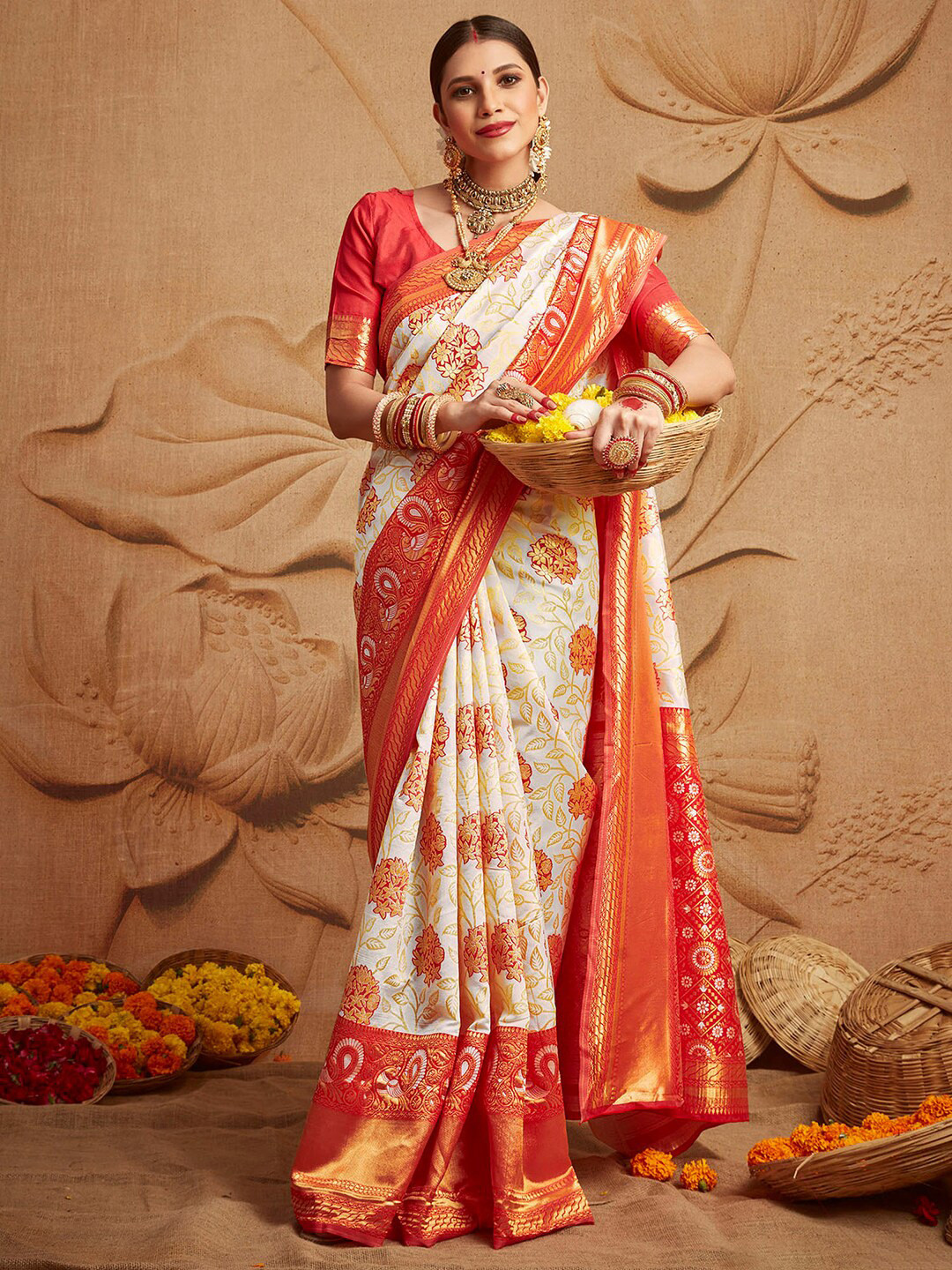 

Mitera Off White & Red Ethnic Motifs Zari Silk Blend Kanjeevaram Saree