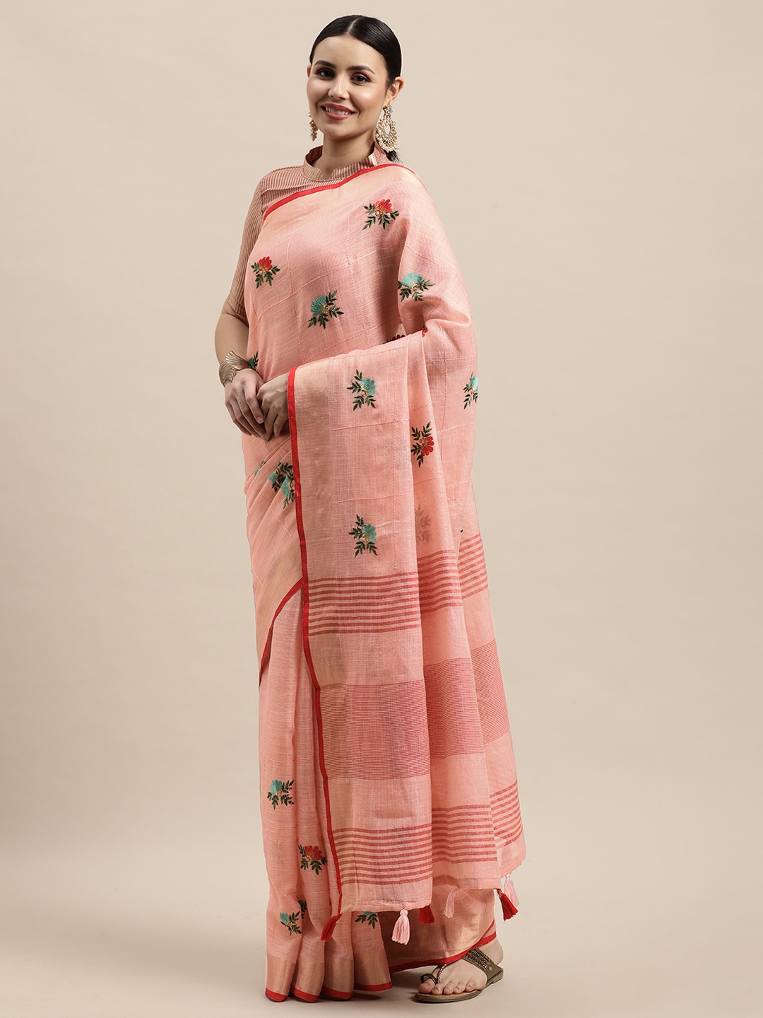 

SANGAM PRINTS Pink & Green Floral Embroidered Linen Blend Saree