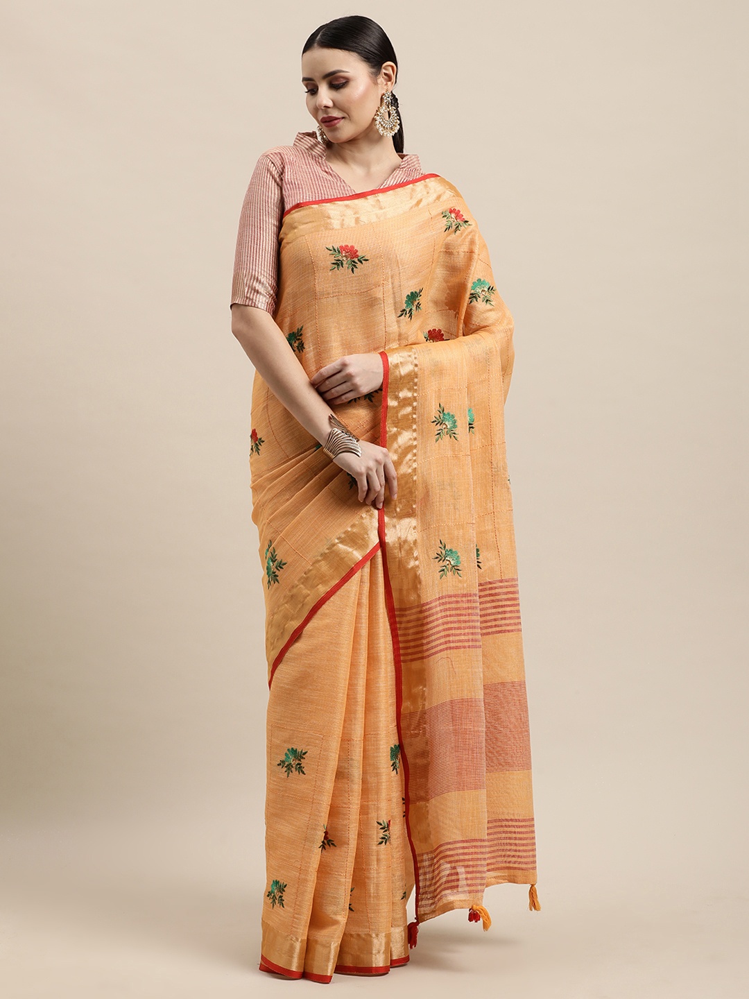 

SANGAM PRINTS Beige & Green Floral Embroidered Linen Blend Saree