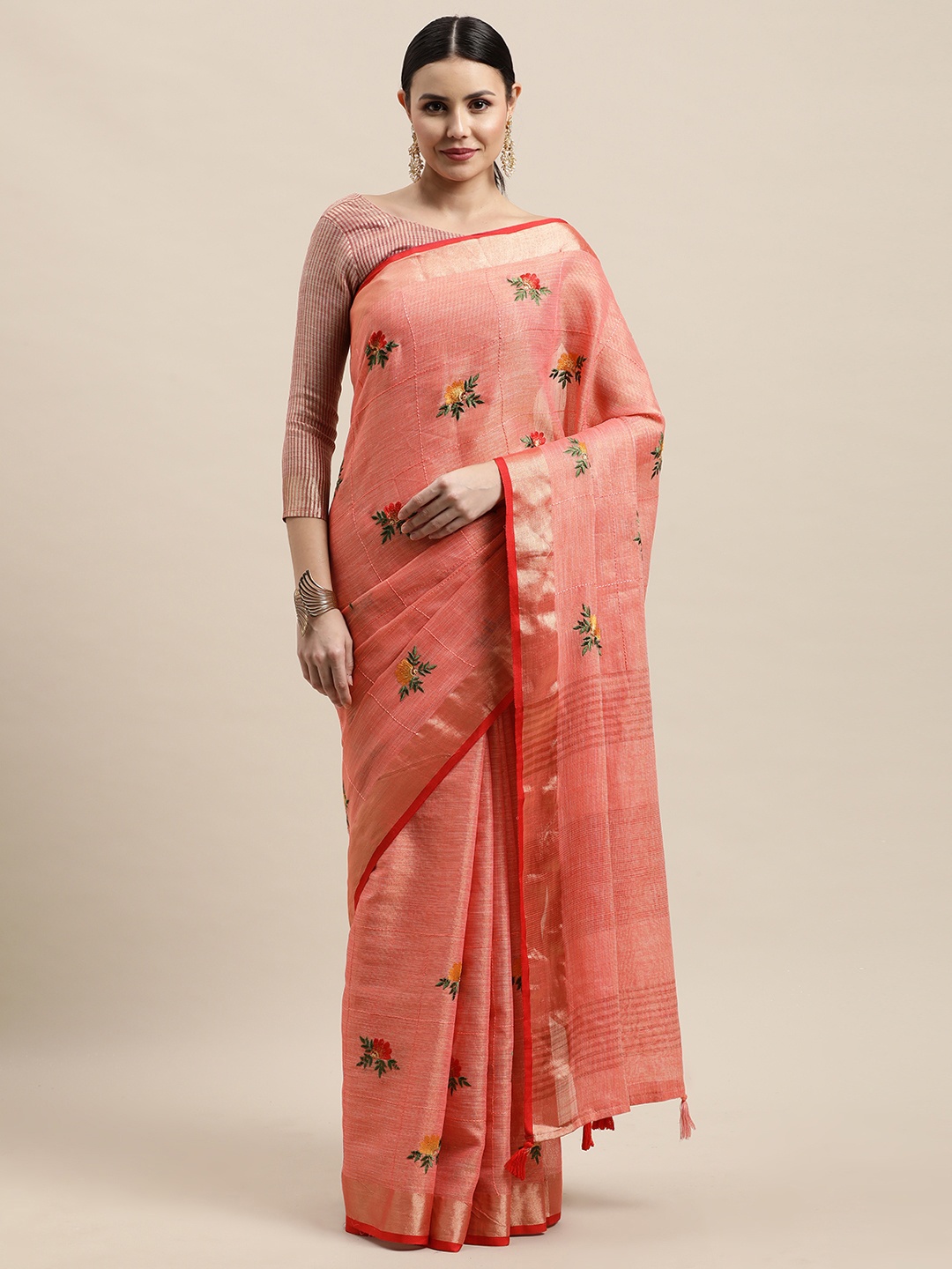 

SANGAM PRINTS Pink & Green Floral Embroidered Linen Blend Saree