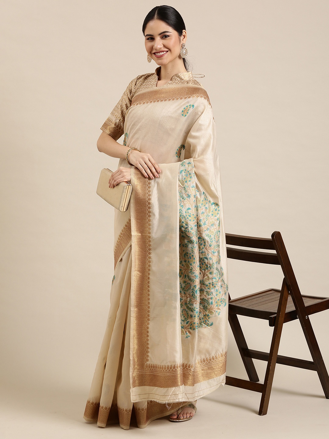 

Saree mall Beige & Golden Dabu Silk Blend Banarasi Sarees