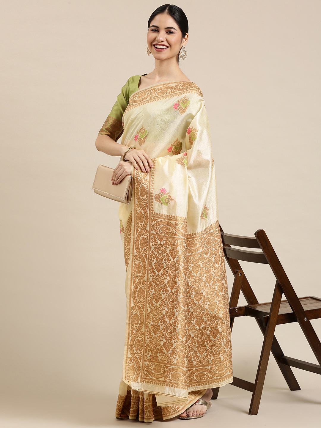 

Saree mall Cream-Coloured & Green Ethnic Motifs Silk Blend Kasavu Sarees