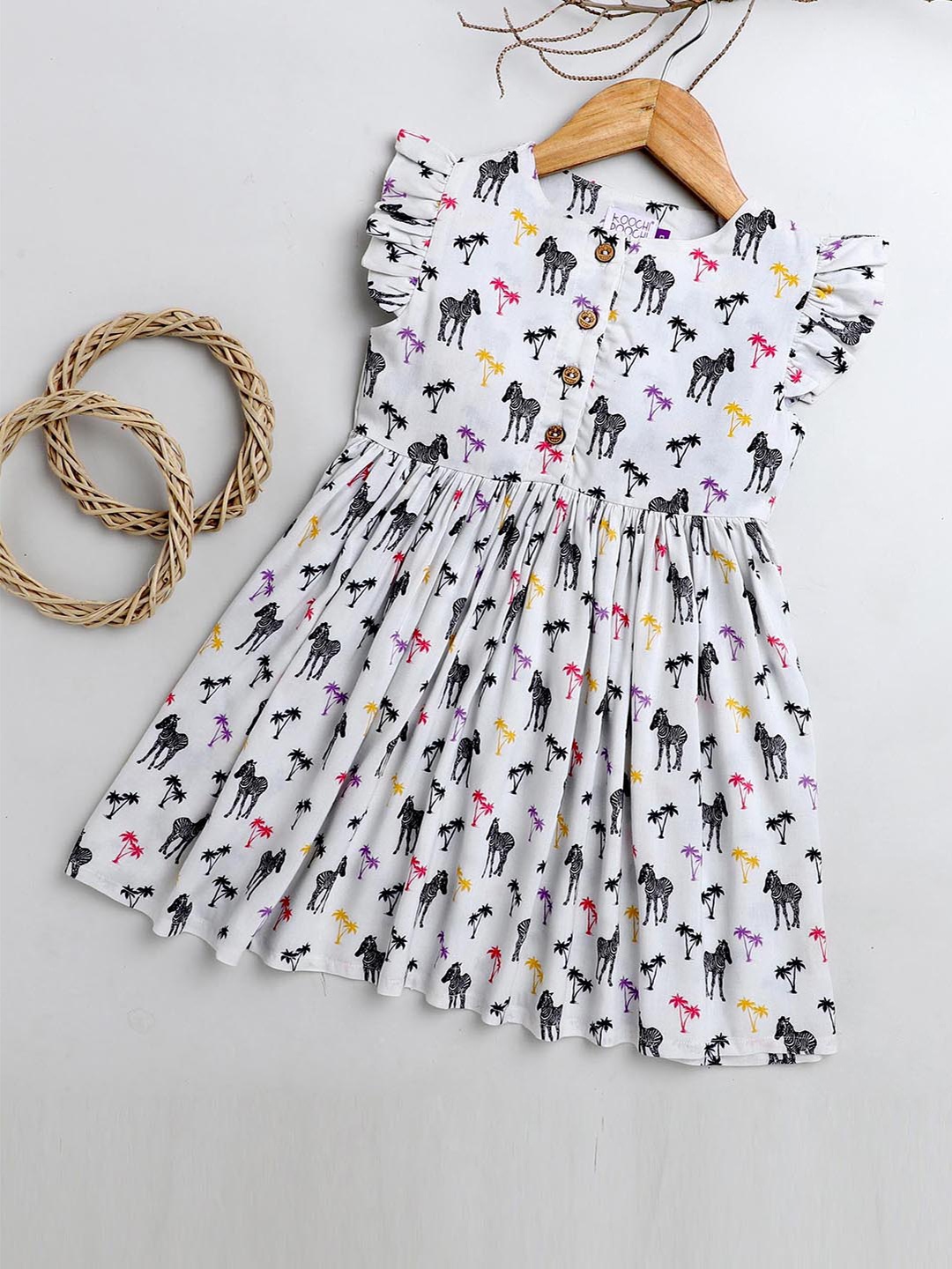 

KOOCHI POOCHI Girls White & Black Printed Dress