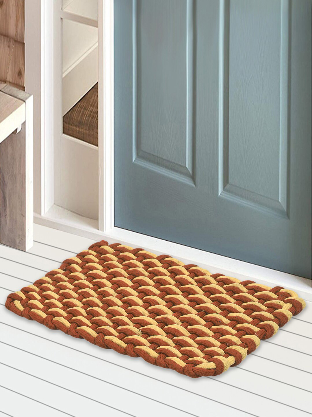 

Kuber Industries Brown & Yellow 4 Pieces Cotton Anti-Skid Doormats
