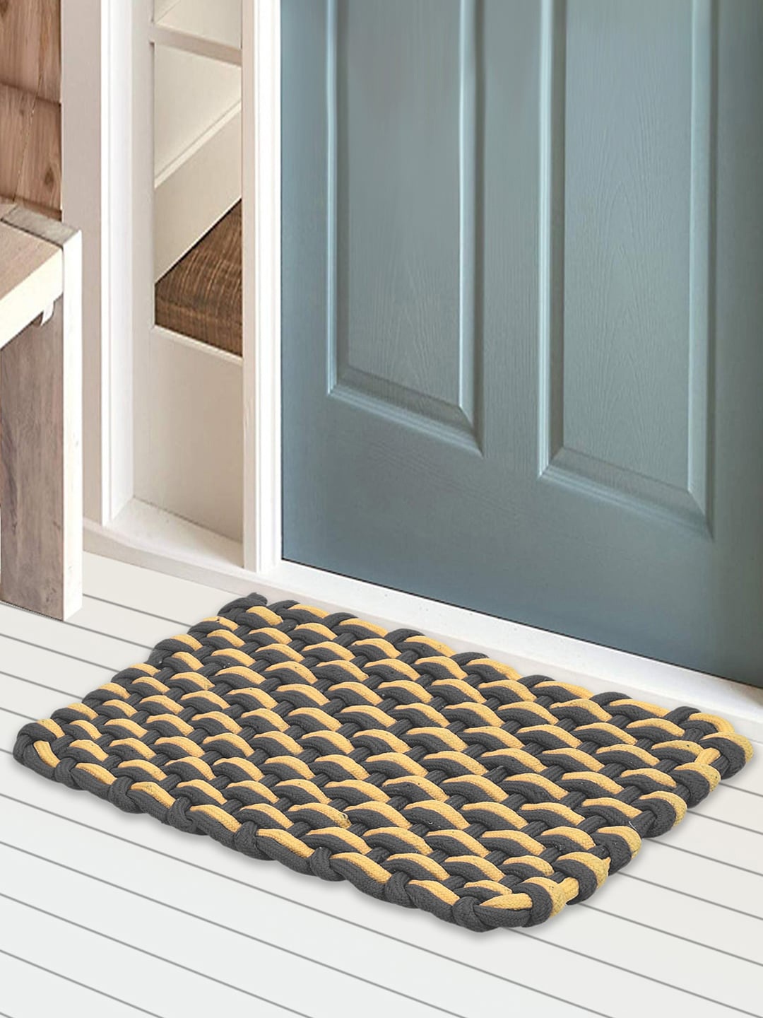 

Kuber Industries Set of 3 Black & Yellow Solid Anti-Skid Cotton Doormats