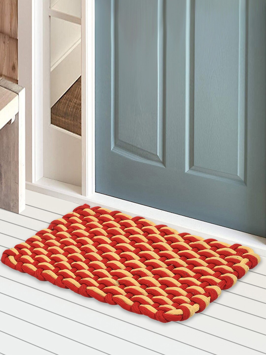 

Kuber Industries Pack of 4 Red & Beige Striped Anti-Skid Cotton Doormats