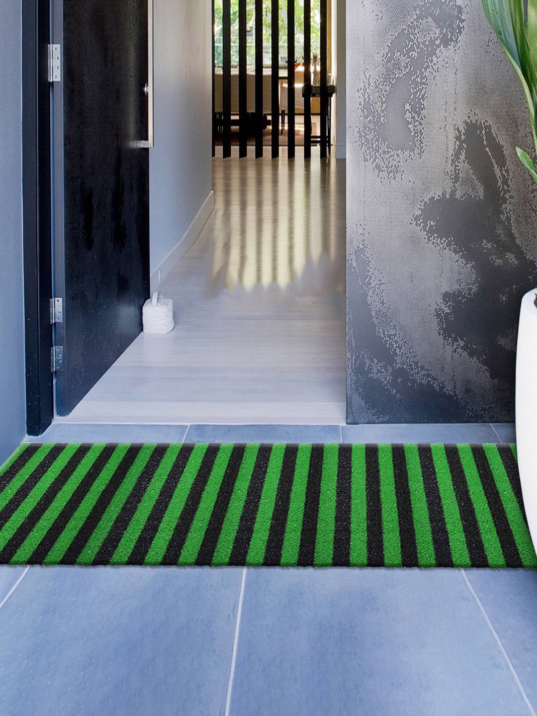 

Kuber Industries Green & Black Striped Rectangular Doormat