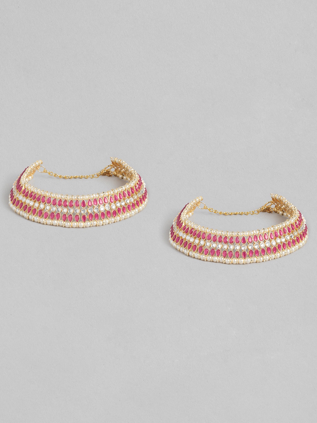 

I Jewels Set Of 2 Gold-Plated Pink Kundan & Pearl Studded Anklets